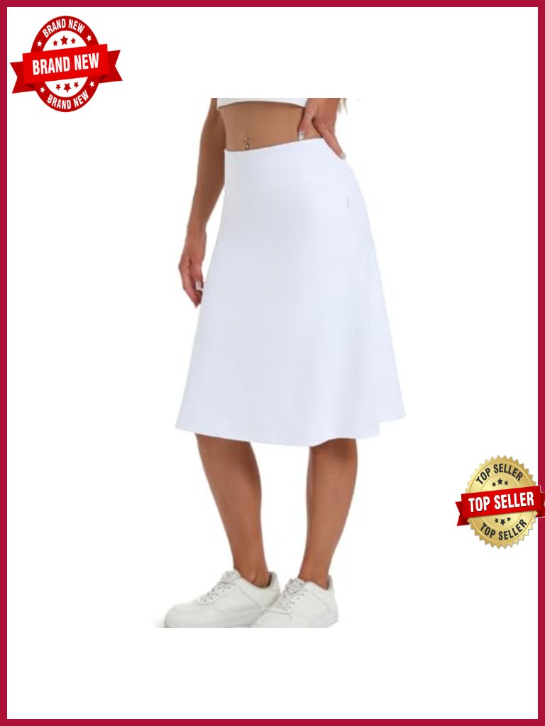 Midi Knee Length Skirts With Zipper Pockets, Athletic Shorts Attached, High